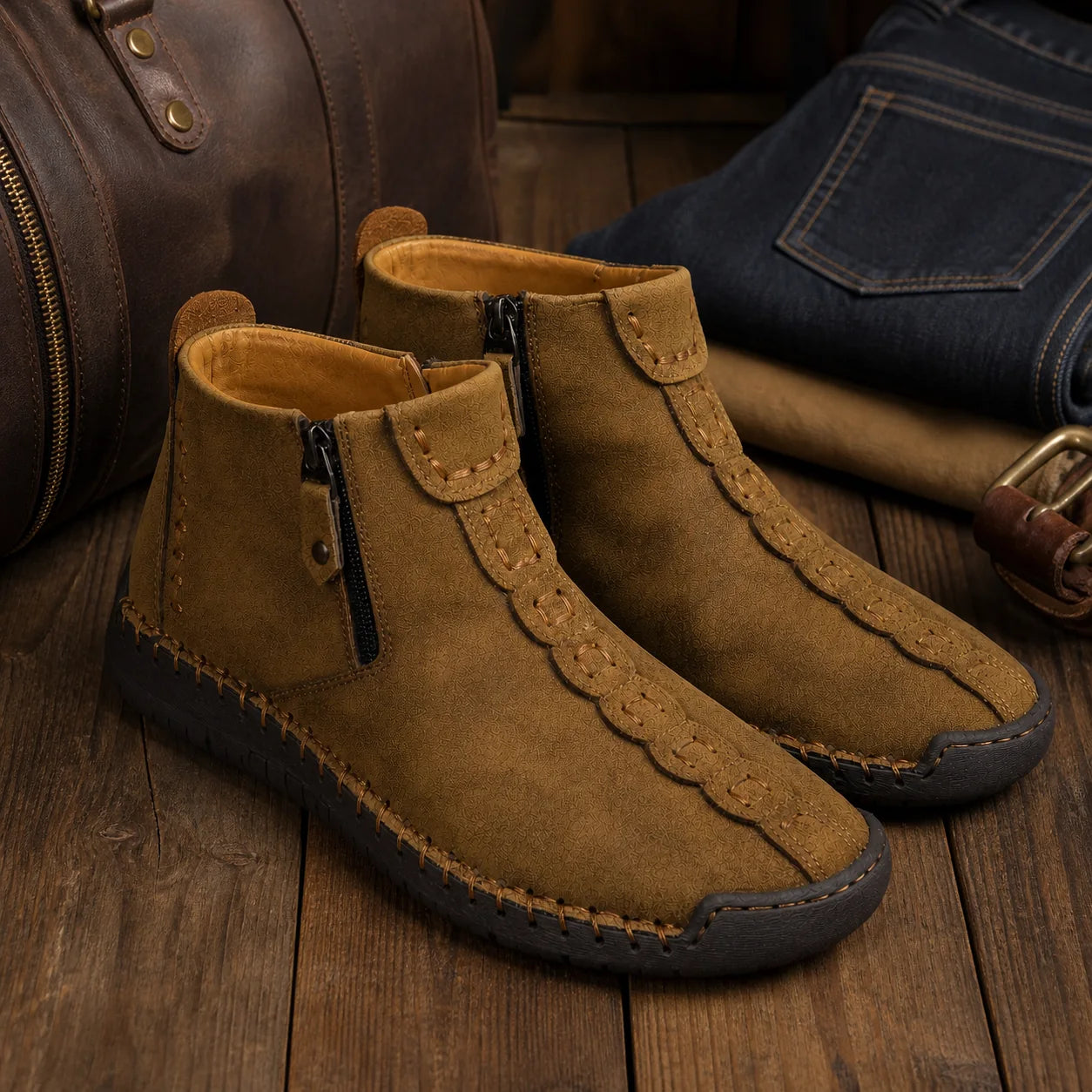 Stitch Leather Boots beside denim and leather bag on wood floor