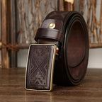 Taggart belt coiled with the buckle facing out, dark brown