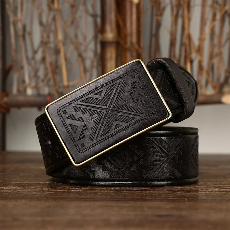 Taggart belt buckle close-up with embossed pattern, black