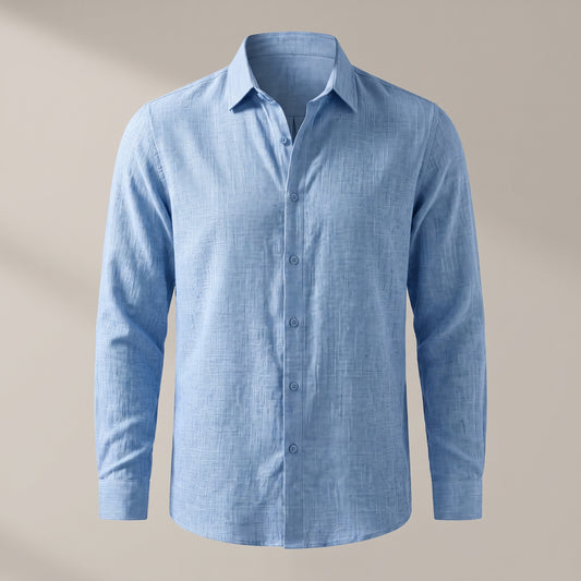 Men's blue textured long-sleeve button-up shirt, front view