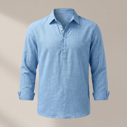 Men's blue textured half-button henley with rolled long sleeves, front view