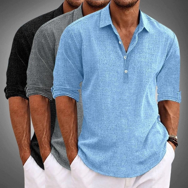 The blue, gray and black henleys layered to compare the shades