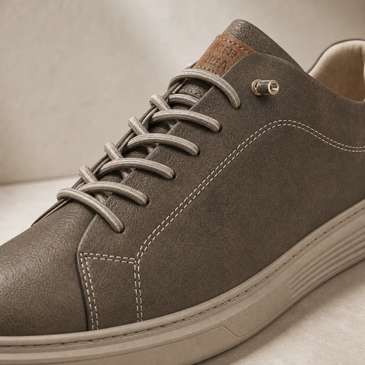 Close-up of Torino Leather Trainers laces stitching and leather texture