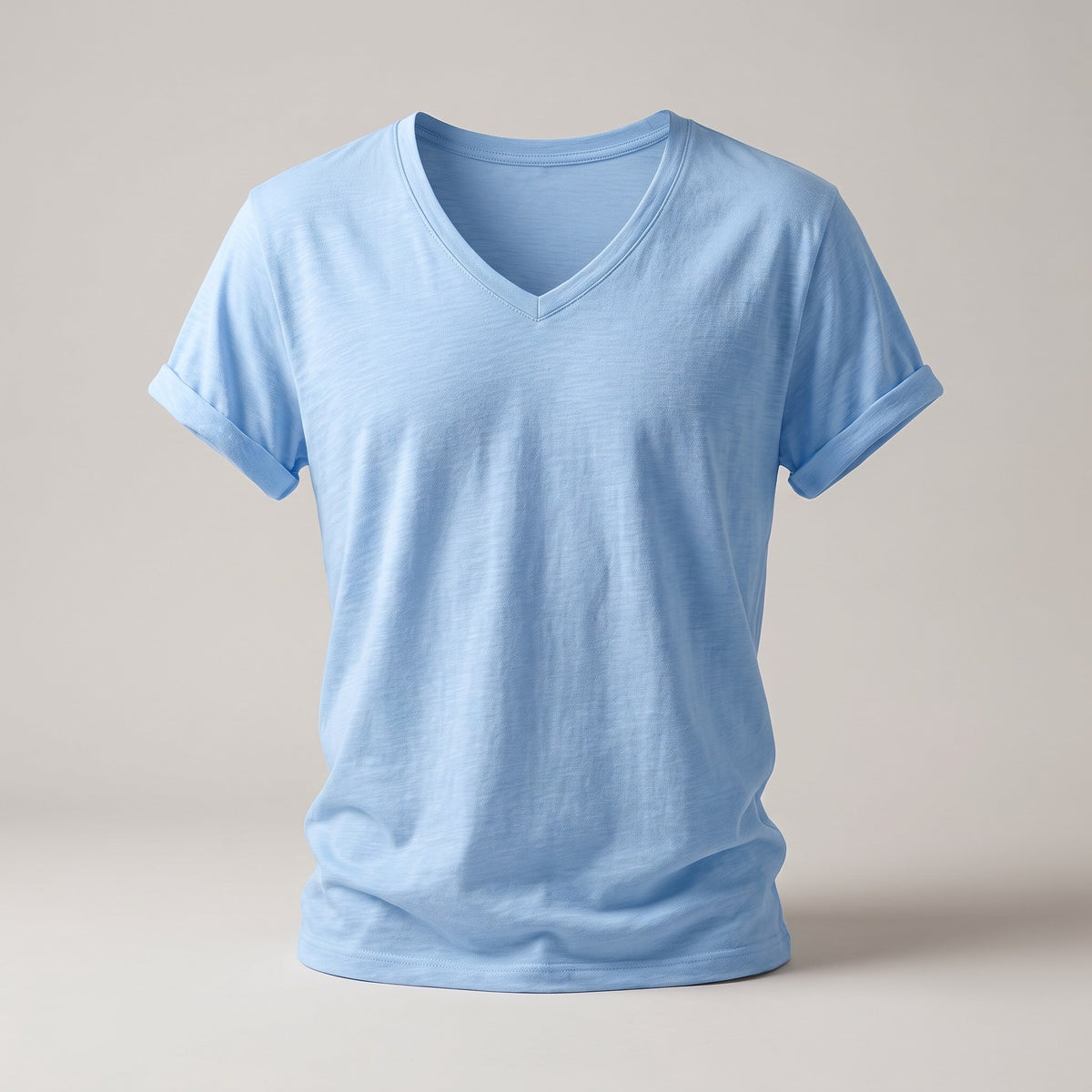 Sky blue men's V-neck t-shirt with rolled sleeves, front view