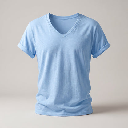 Sky blue men's V-neck t-shirt with rolled sleeves, front view