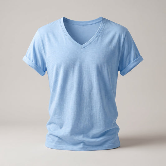 Sky blue men's V-neck t-shirt with rolled sleeves, front view