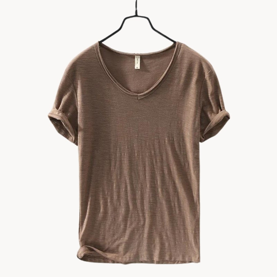 Brown men's V-neck t-shirt with rolled sleeves, front view