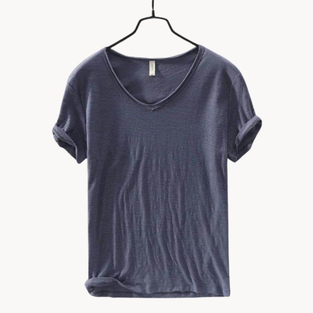 Slate gray men's V-neck t-shirt with rolled sleeves, front view