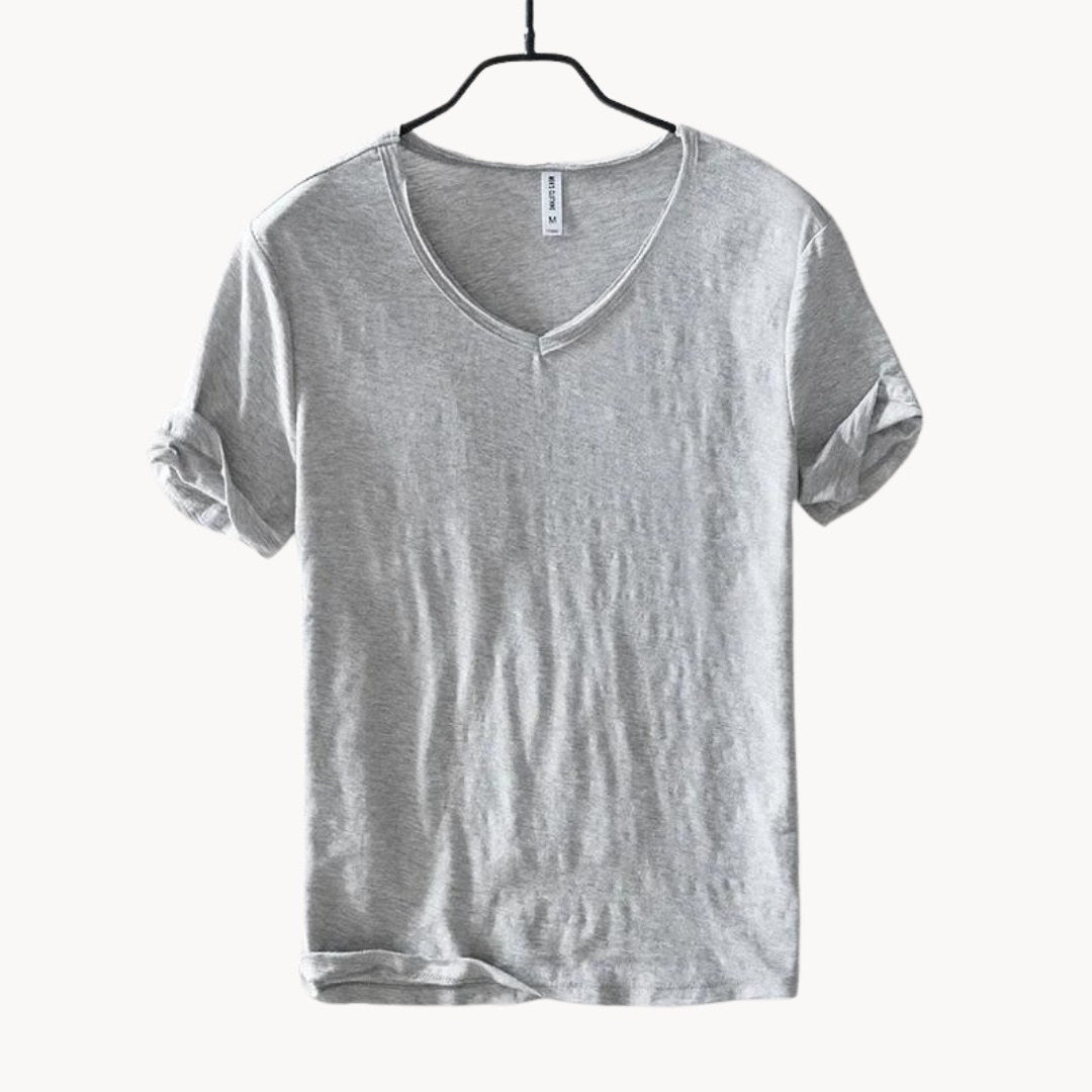 Light grey men's V-neck t-shirt with rolled sleeves, front view