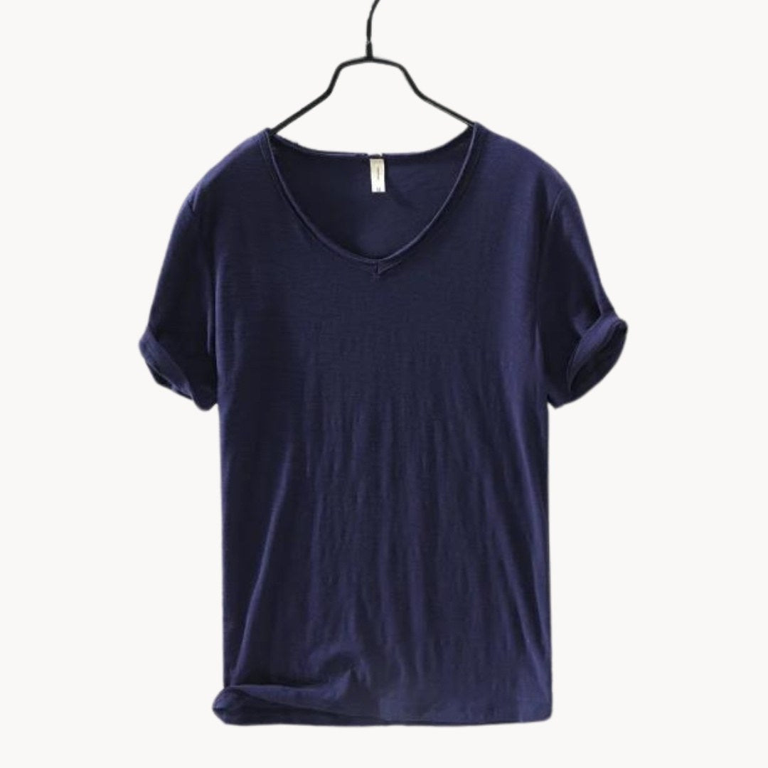 Navy men's V-neck t-shirt with rolled sleeves, front view