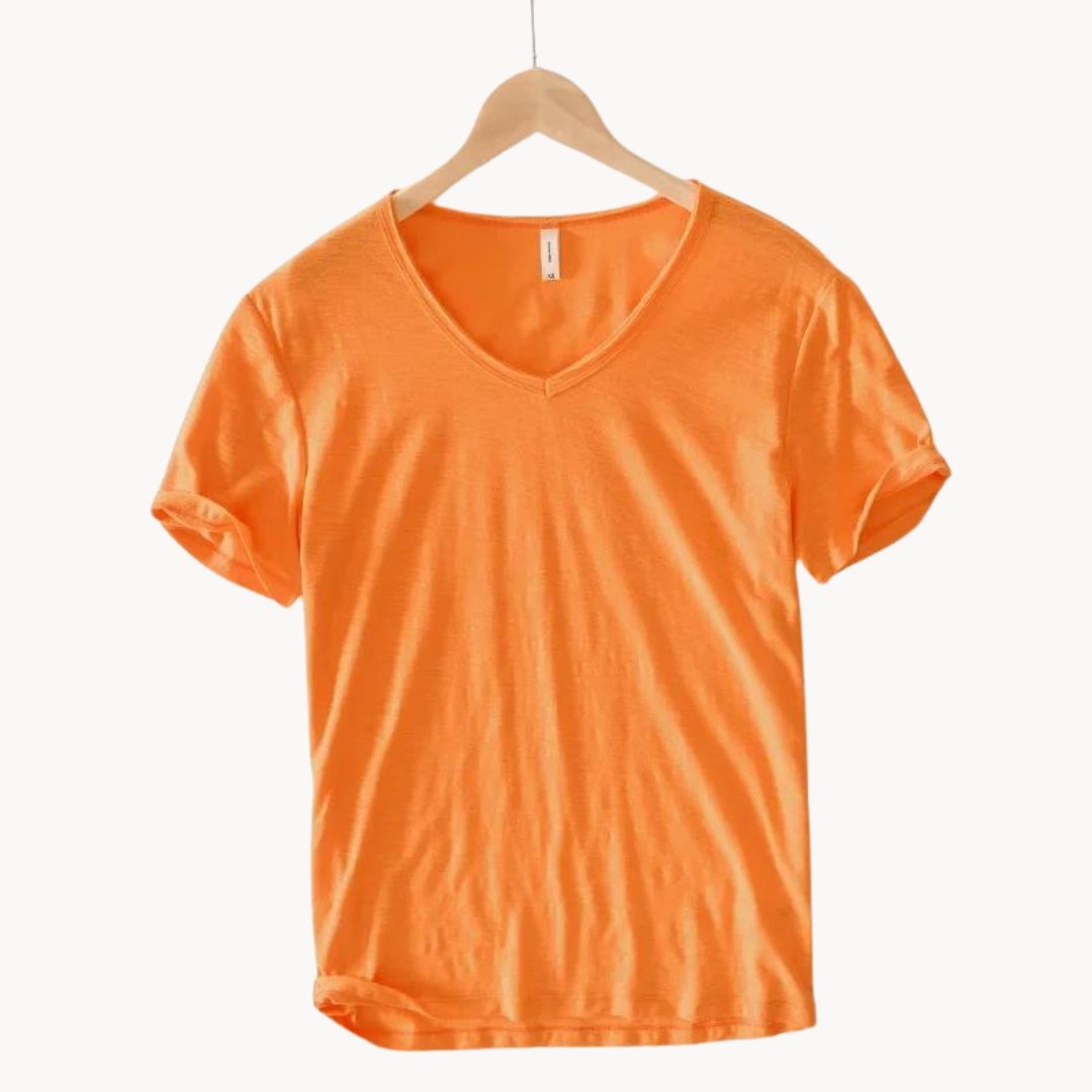 Orange men's V-neck t-shirt with rolled sleeves, front view