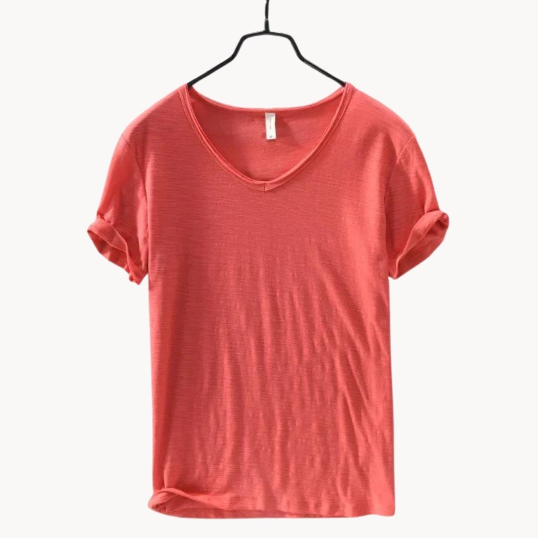 Coral red men's V-neck t-shirt with rolled sleeves, front view