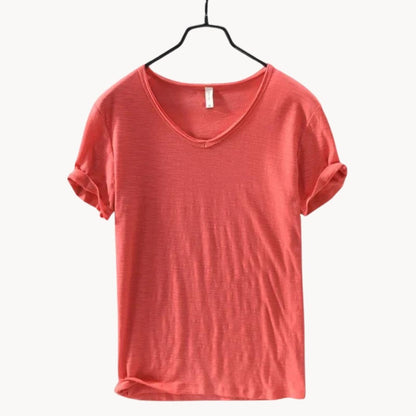 Coral red men's V-neck t-shirt with rolled sleeves, front view