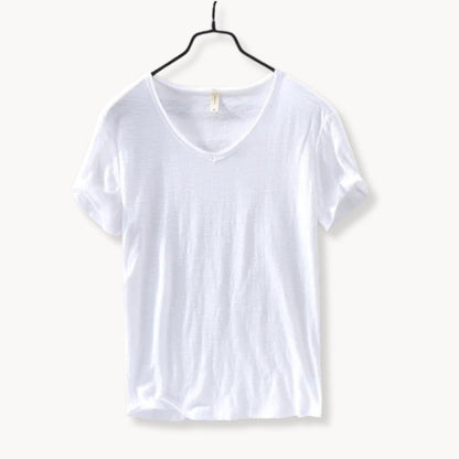 White men's V-neck t-shirt with rolled sleeves, front view