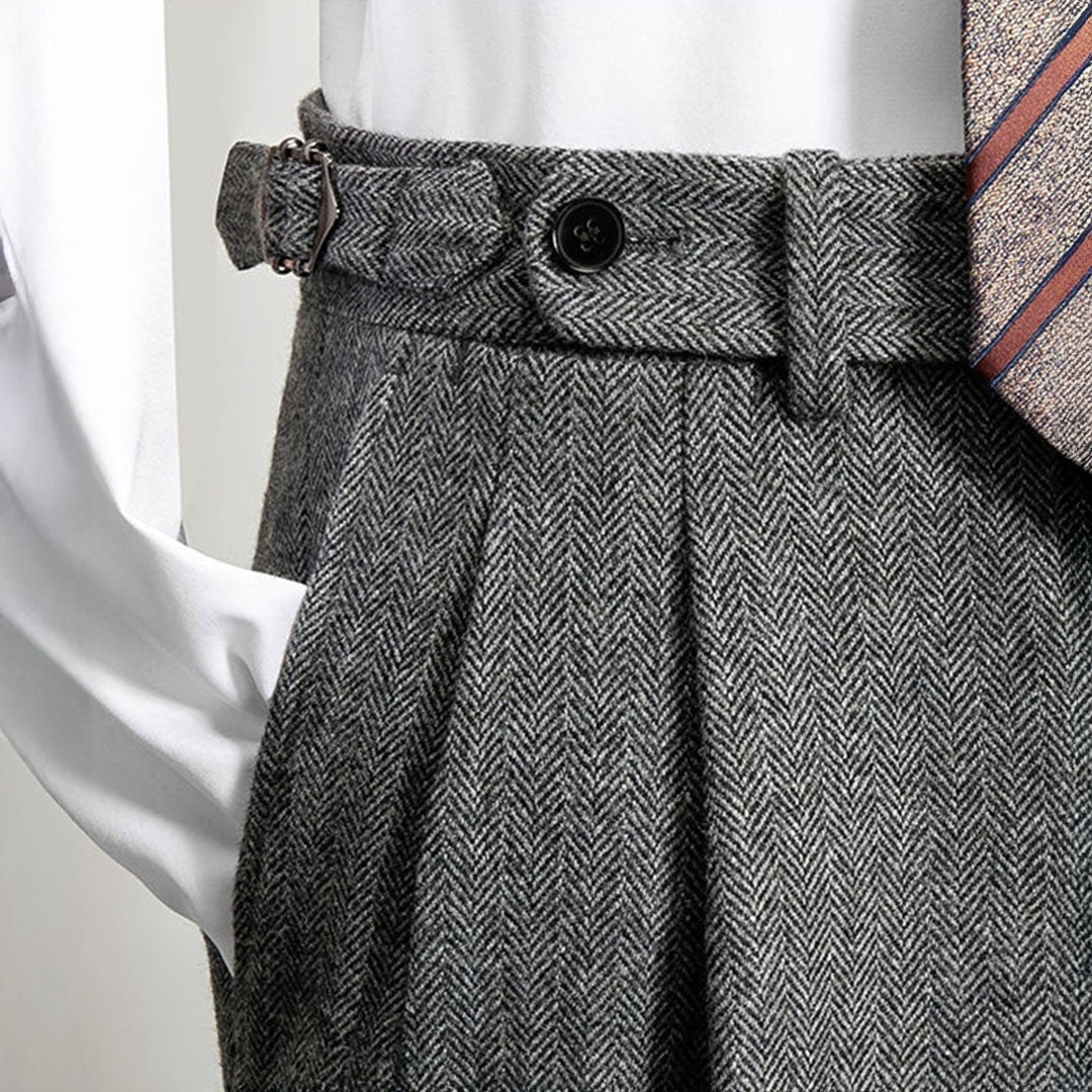 Men's wool-blend Gurkha trousers waist detail in Gray