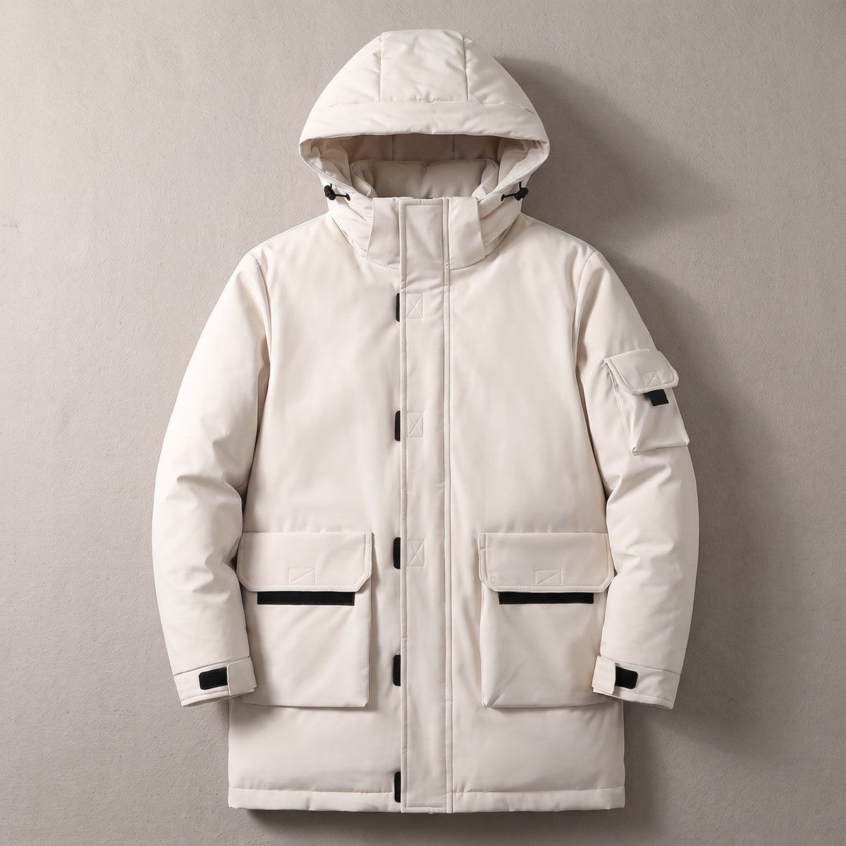 Whitaker men's hooded parka hero flat lay in Cream 0
