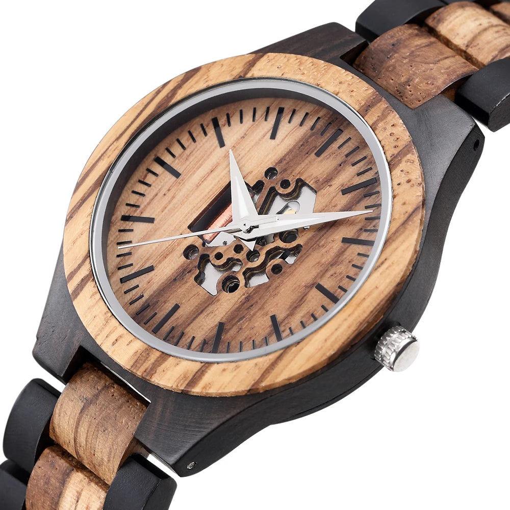 Close-up of the striped zebrawood bezel on the Whitmore watch
