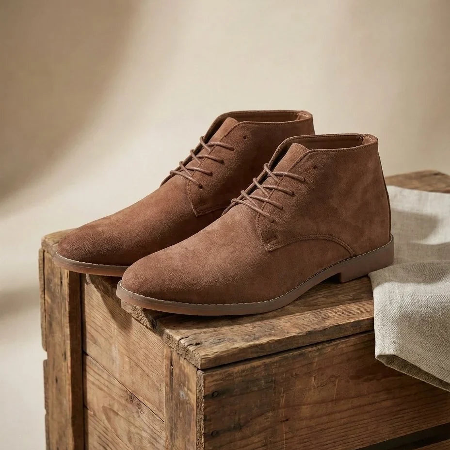 Wyatt chukka boots pair on a wooden crate