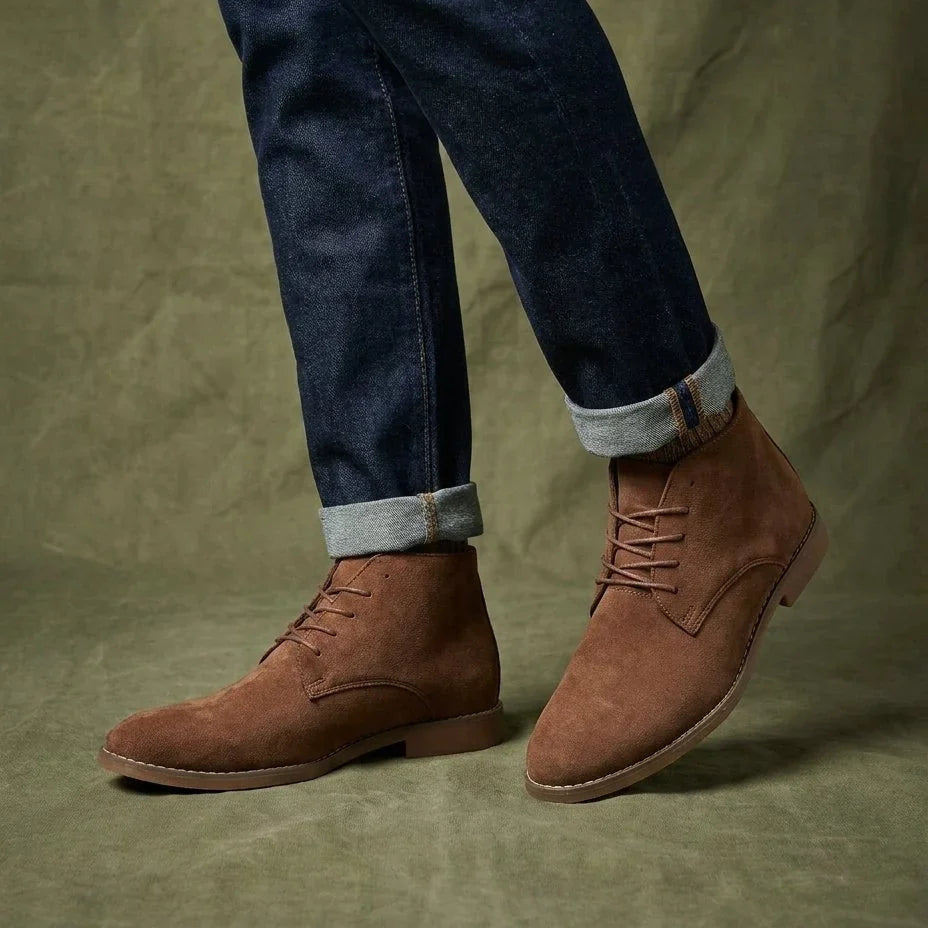 Wyatt chukka boots worn with cuffed jeans