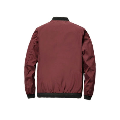 Flat back view of the dark red bomber jacket with ribbed cuffs