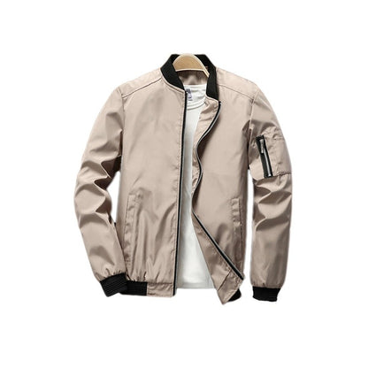Beige bomber jacket with a sleeve pocket, front view