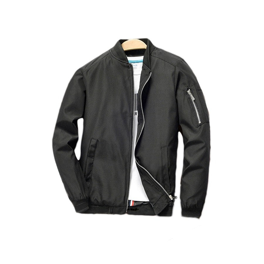 Black bomber jacket with a sleeve pocket, front view