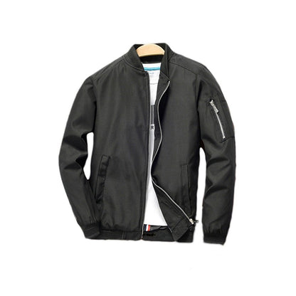 Black bomber jacket with a sleeve pocket, front view