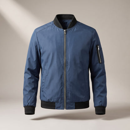 Blue bomber jacket with a sleeve pocket, front view