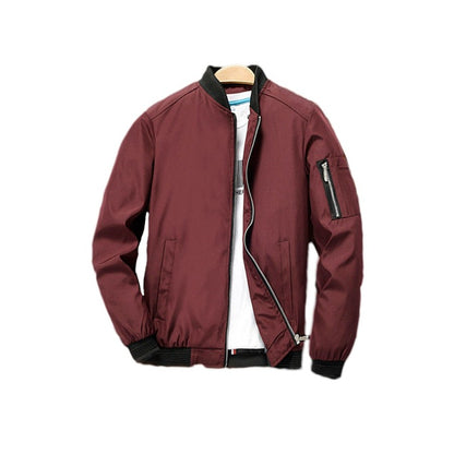 Dark red bomber jacket with a sleeve pocket, front view