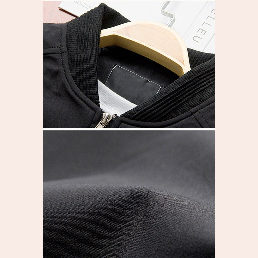 Four close views of the black jacket collar, shoulder, fabric and cuff