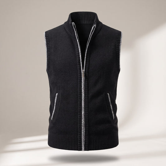 Men's black zip-up knit vest with a stand collar and slanted pockets, front view